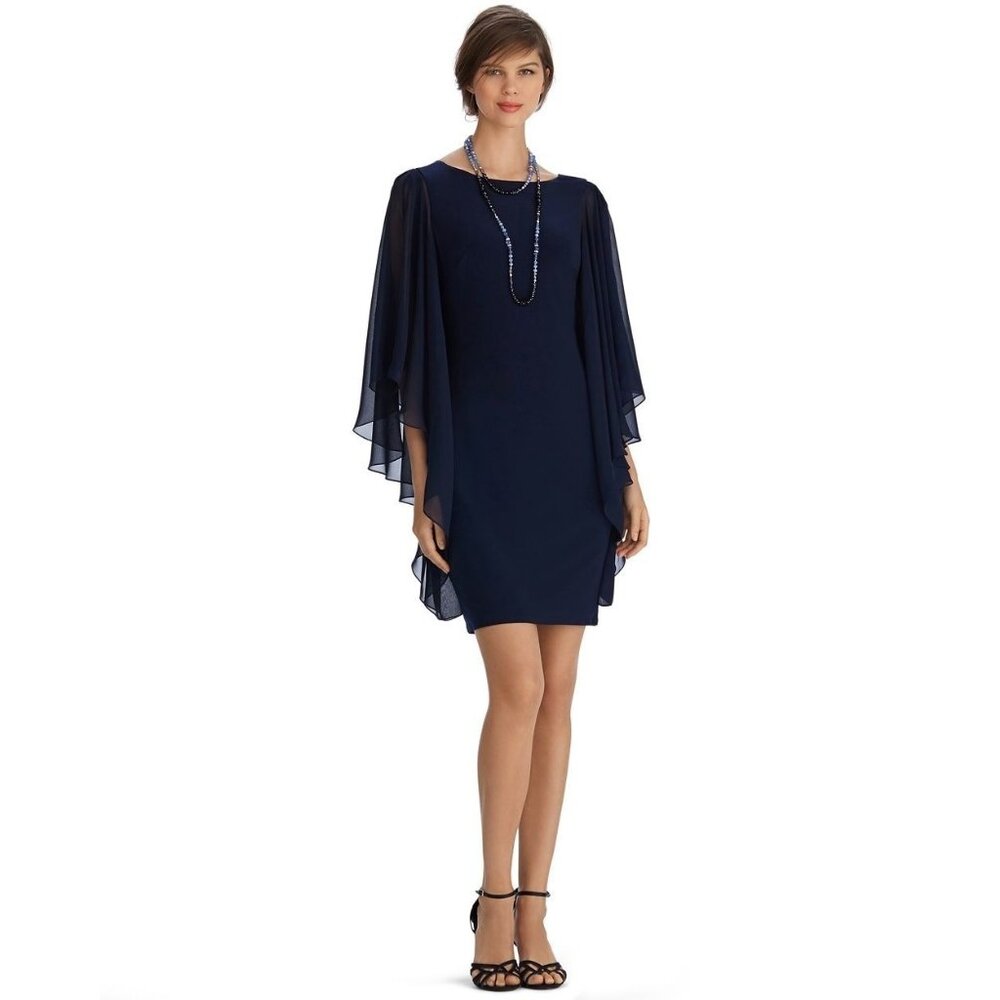 White House Black Market Navy Blue‎ Butterfly Batwing Sleeve Dress Size 14